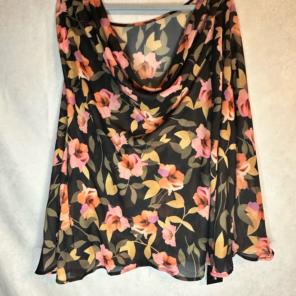 Black Floral Cowl Neck Top Women’s Sheer Plus Bell sleeves